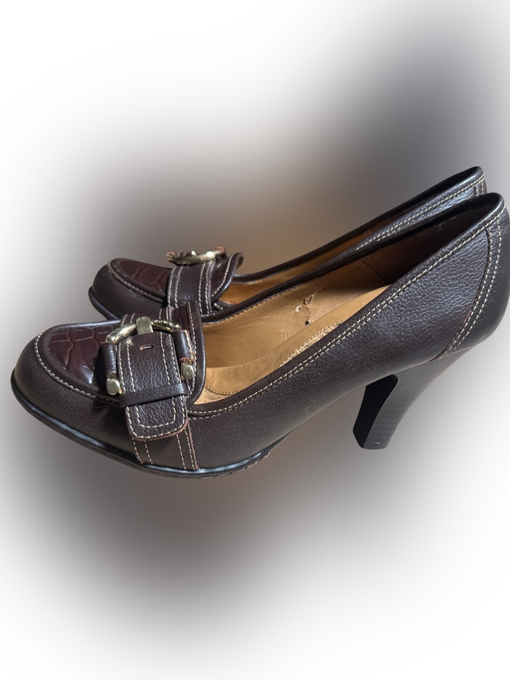 Classic Brown Women's Leather Loafer Heels with Buckle Accent